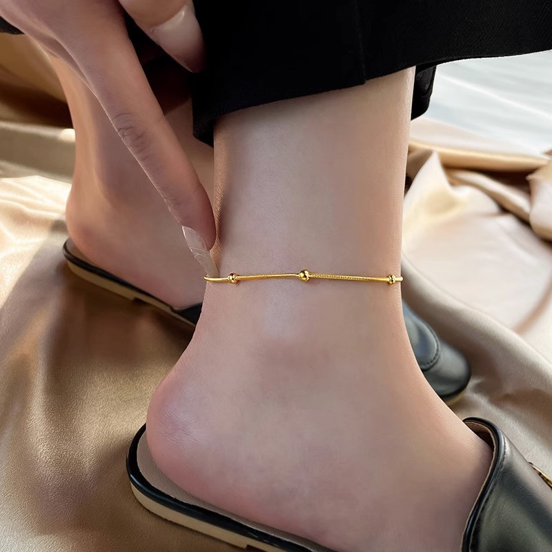 European and American Cross-Border Fashion Simple Titanium Steel Anklet INS Transfer Bead Snake Chain Gold Bean Niche High-End Versatile Jewelry
