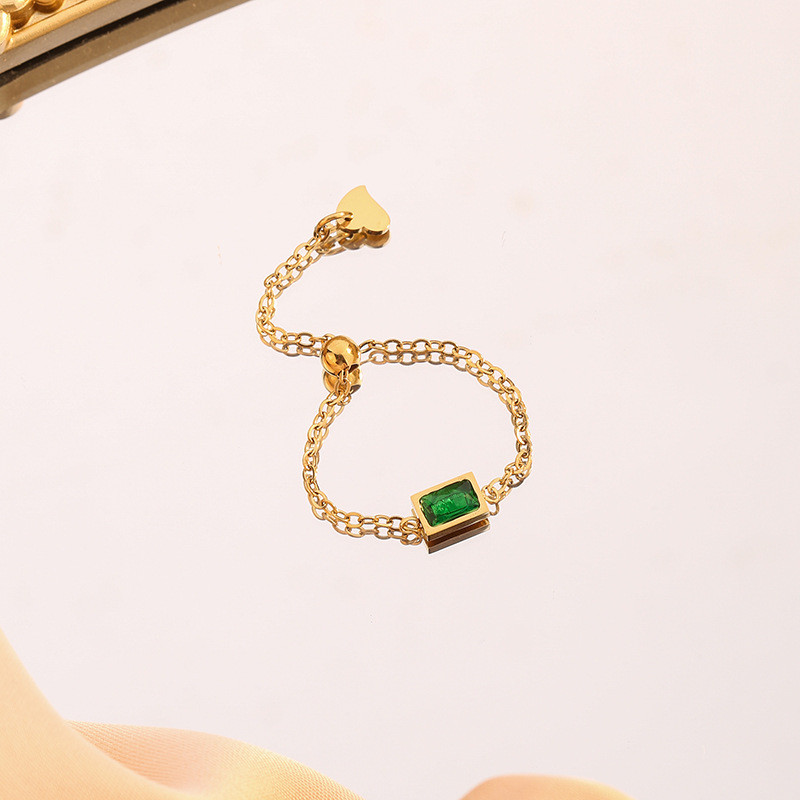 European and American INS Style Personality Pull Chain Green Zircon Design Personality Ring for Women Titanium Steel 18K Gold Plated Jewelry for Women