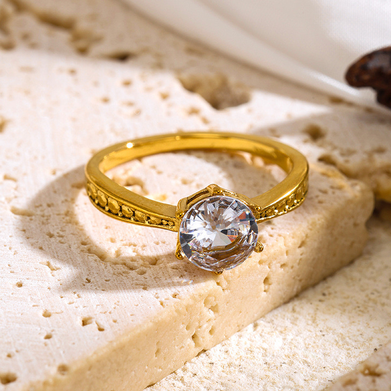 European and American Style Round Zircon White Diamond Gold-Plated Stainless Steel Ring for Women Simple Geometric Ring Wholesale Jewelry