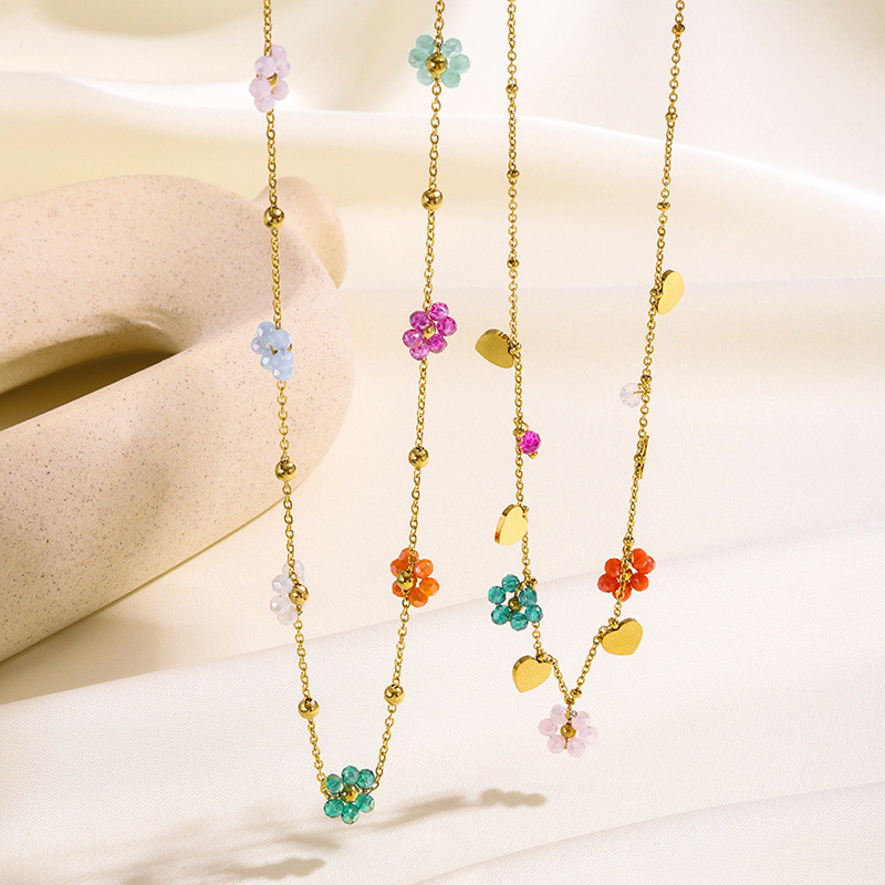 European and American Cross-Border INS Style 18K Gold Stainless Steel Colorful Glass Beads Flower-Shaped Heart Pendant Round Bead Chain Jewelry