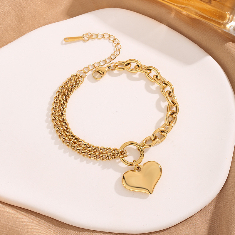 European and American Style Design Hand Jewelry Cuban Chain Splicing Chain Heart Bracelet Titanium Steel Plated with 18K Gold Non-Fading