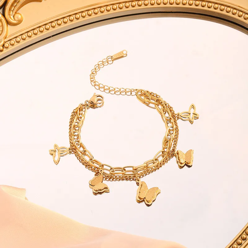 Titanium Steel 18k Rose Gold Butterfly Double Layer Bracelet for Women Korean Style Simple Personality Ins Niche Design Best Friend Sister Chain