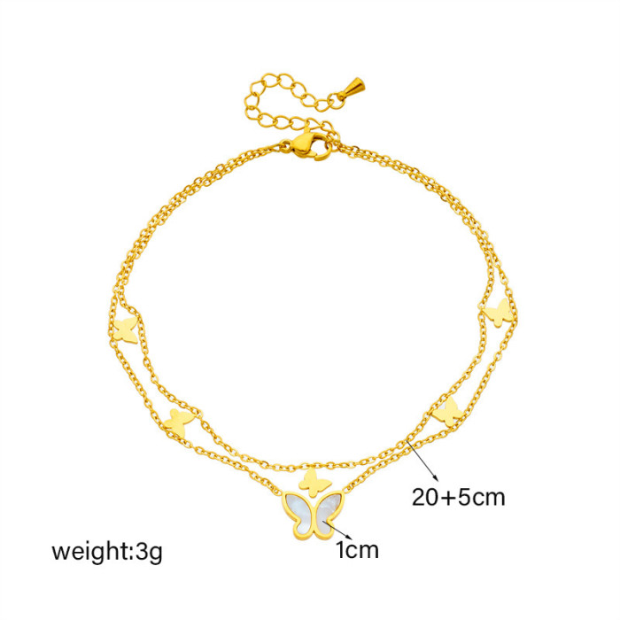 Cross-Border Hot-Selling Double-Layer Butterfly Anklet for Women Versatile High-End Feel Titanium Steel Non-Fading Sexy Ankle Chain Wholesale