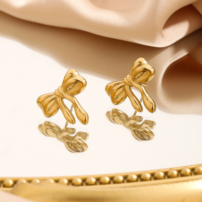 Cross-Border Stainless Steel Fresh Sweet Bowknot Stud Earrings Temperament Geometric Earrings Personality Trendy Style Ear Jewelry for Women