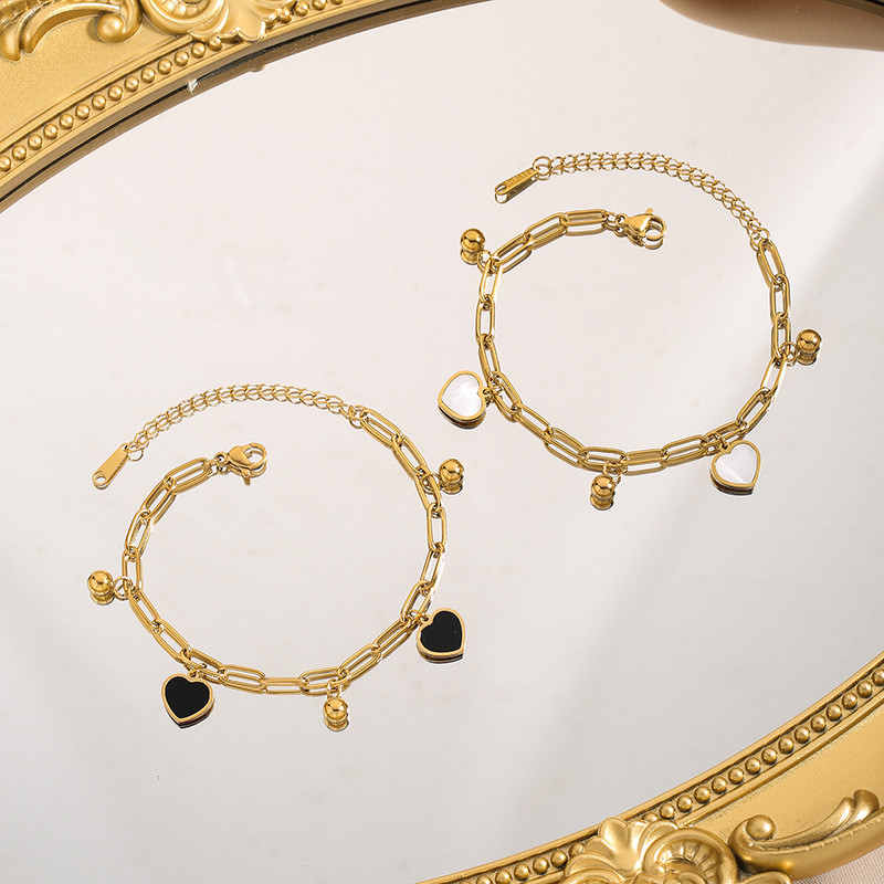 Cross-Border Fashion Light Luxury Simple Gold-Plated Stainless Steel Black and White Shell Heart Round Bead Pendant Chain Bracelet Versatile Jewelry