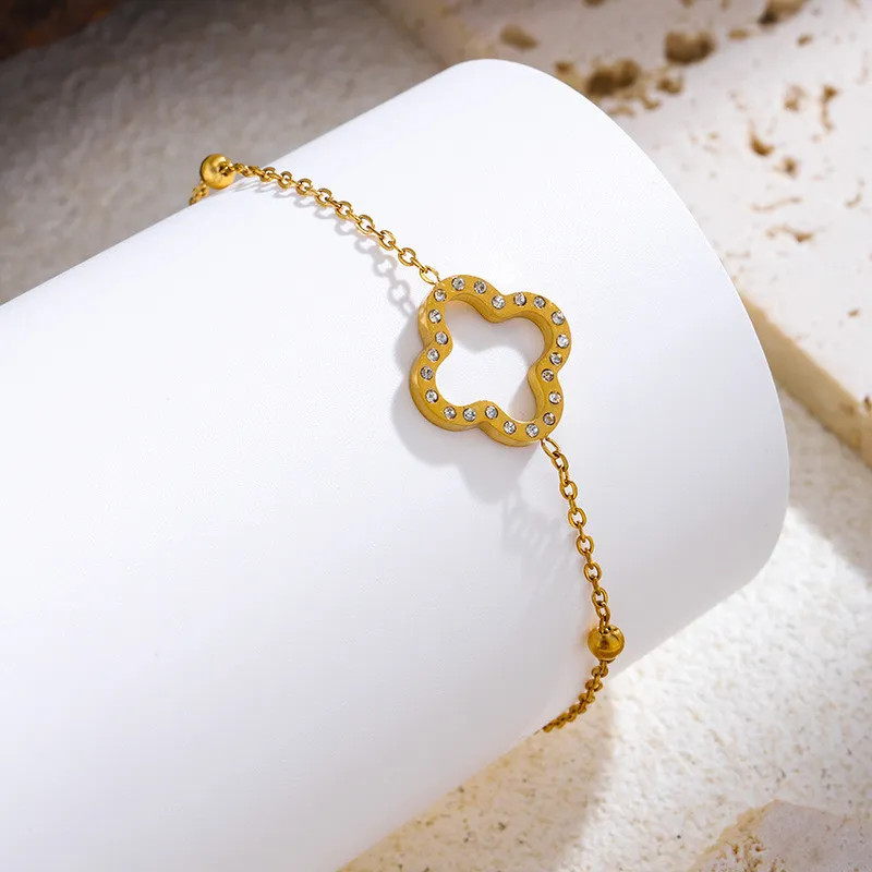Cross-Border Hot-Selling New Niche Four-Leaf Clover Micro-Inlaid Zircon Stainless Steel Bracelet for Women, Light Luxury Versatile 18K Gold Jewelry