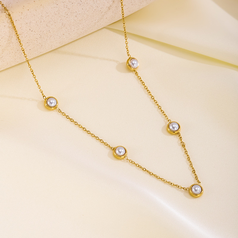 Cross-Border Hot Selling Simple Fresh Versatile White Pearl Collarbone Chain Round Earrings Set Decorations Titanium Steel Bracelet for Women
