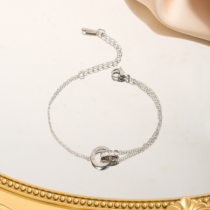 Double Ring Spliced Roman Font Titanium Steel Bracelet for Women, Versatile Non-Fading Gold Hand Jewelry, Niche Design Light Luxury Accessory