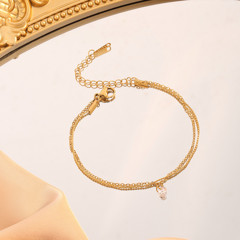 French Style Light Luxury Double Layer Zircon Titanium Steel Bracelet 18k Gold Non-Fading Sweet Simple Versatile Wristband Jewelry