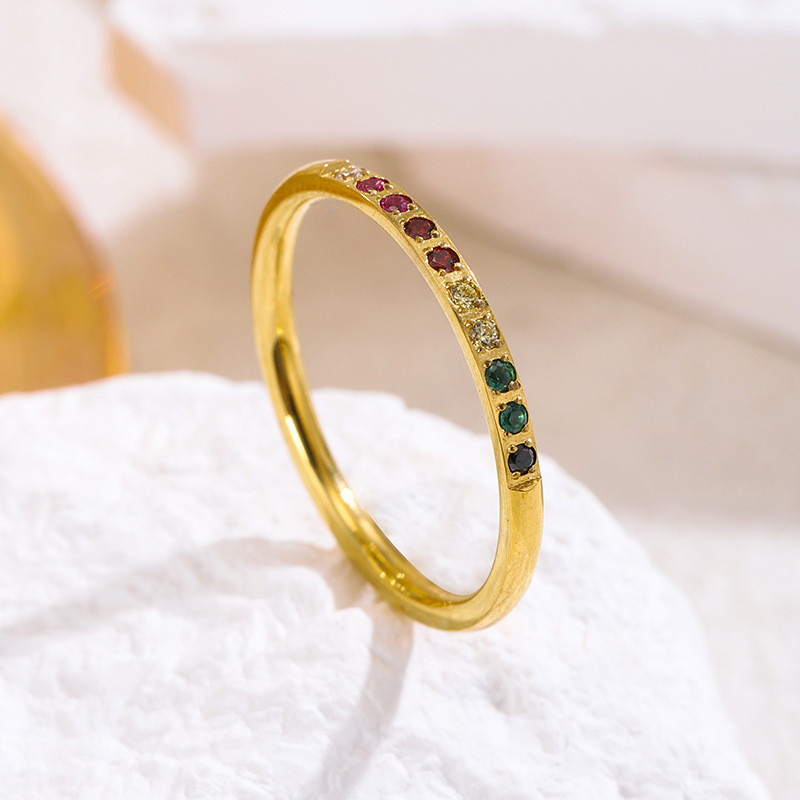 Minimalist Rainbow Color Inlaid Diamond Titanium Steel 18k Gold Plated Ring for Women, Stackable High Color Retention Ring, Niche Design Index Finger Ring
