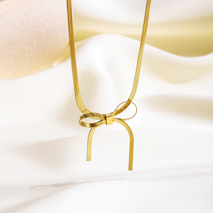 Korean Style Simple Personality Sweet Bowknot Pendant Jewelry Geometric Flat Snake Chain Design Titanium Steel Jewelr...