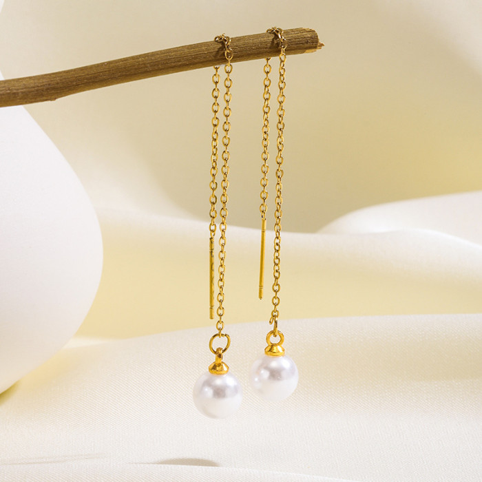 European and American Simple Style Women's Fashion Dangling Earrings High-end Simple Long Tassel Imitation Pearl Stainless Steel Ear Line