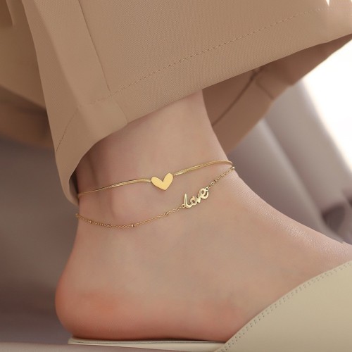 High-End Anklet for Women, Ins Style, Love Heart Double Layer Anklet, Titanium Steel, Non-Fading, 18K Plated, Letter and Heart Anklet