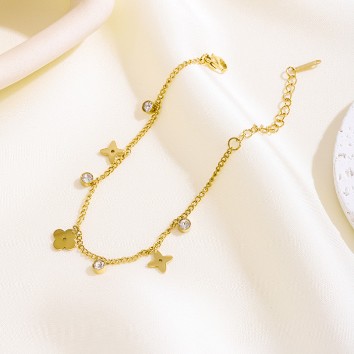Korean Version New Glossy Flower Zircon Anklet 18K Gold Titanium Steel Jewelry Non-Fading Beach Women's Anklet Jewelry