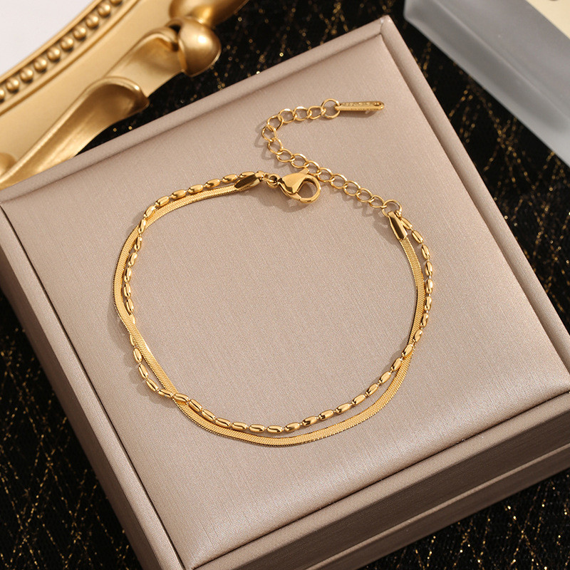Japanese and Korean Fashion Simple Titanium Steel Snake Bone Rice Grain Double Layer Bracelet for Women, Niche Design, Non-Fading, Minimalist Style Jewelry