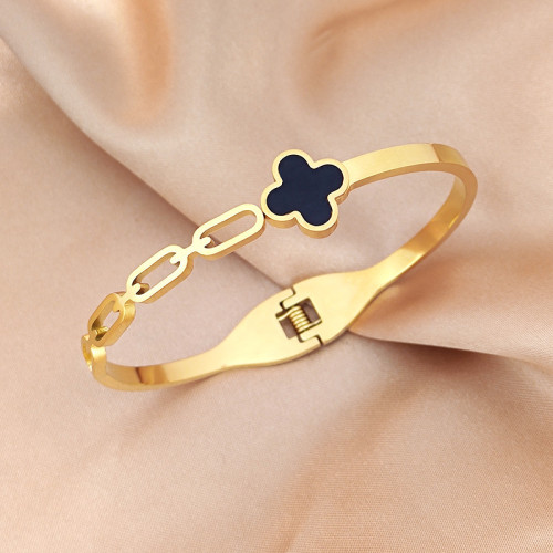 Lucky Four-Leaf Clover Stainless Steel Gold Bracelet Elegant Versatile Hollow Design Titanium Steel Bracelet Spring Open Hand Jewelry