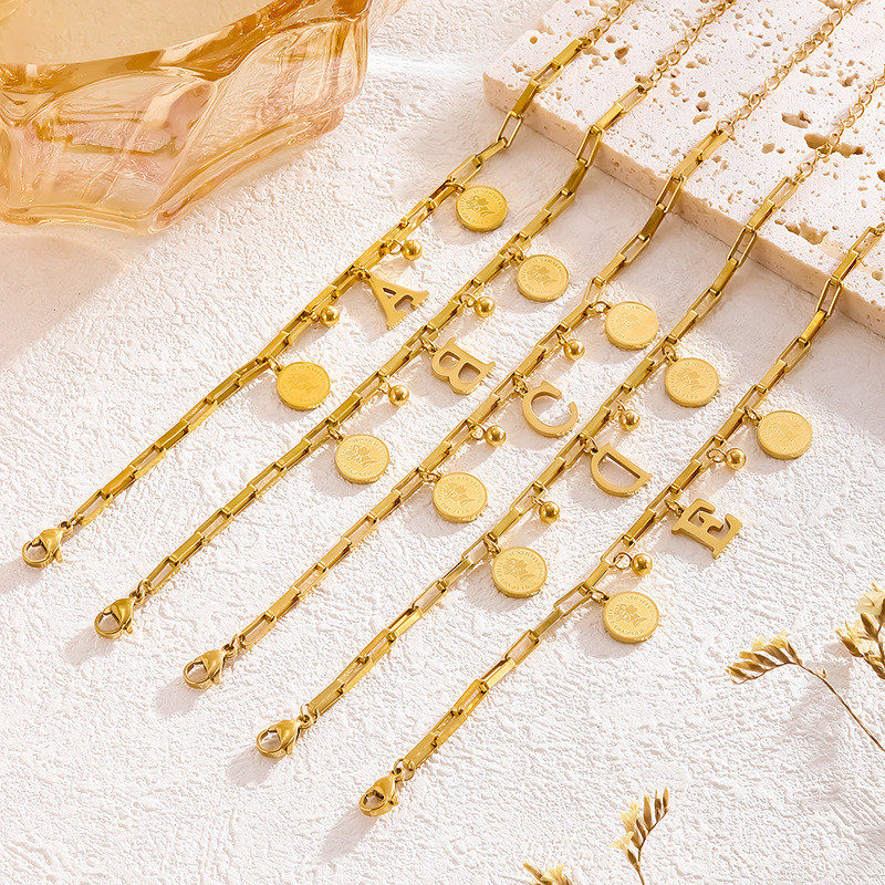 Cross-Border Hot Selling Hip-Hop Personality Round Plate Titanium Steel Bracelet for Women Letter Internet Celebrity Ins Cool Style Student Best Friend Bracelet