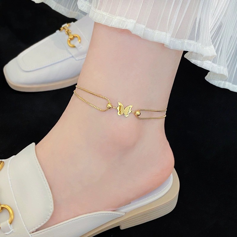 Cross-Border Summer New Style Sand Butterfly Pendant Double-Layer Stainless Steel Anklet for Women Same Style Beach Accessories