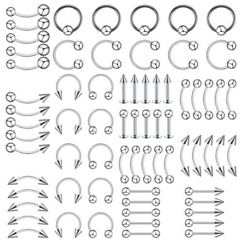Cross-Border Hot-Selling Titanium Steel Lip Studs Stainless Steel Eyebrow Studs Nose Rings Nose Studs Tongue Studs Mixed (60/70/85 Set)