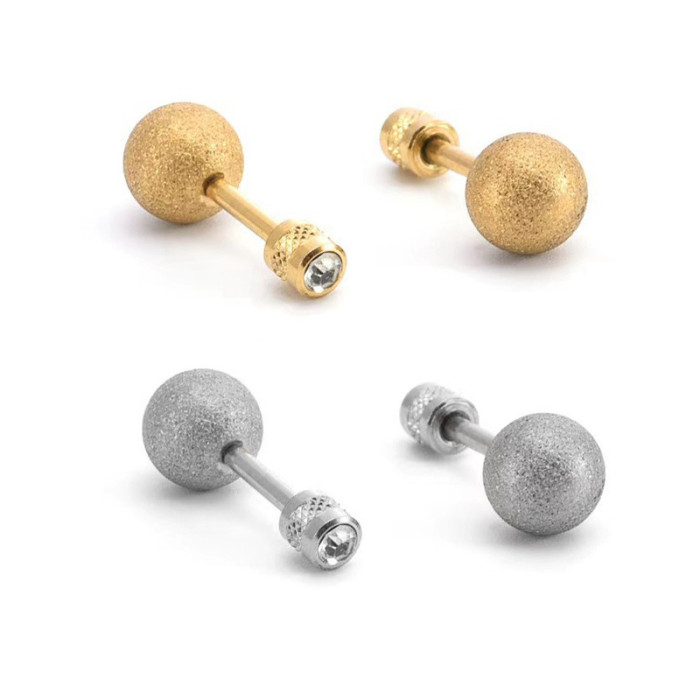 Cross-Border Hot Sale Stainless Steel Matte Bead High-End Fashion Earrings Zircon Cylinder Threaded Earrings Factory Direct Supply