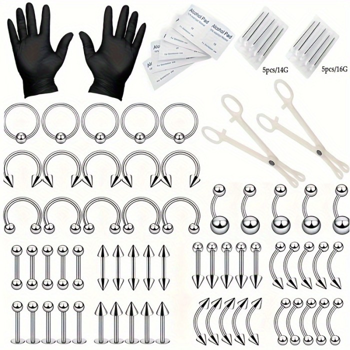 Factory Piercing Jewelry 84PCS Mixed Set Nose Ring Nose Stud Stainless Steel Eyebrow Stud Ear Cartilage Stud Lip Stud Belly Button Ring