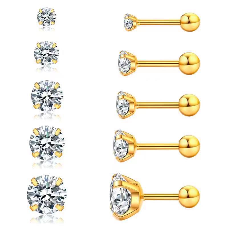 Cross-Border Hot-Selling Stainless Steel Zircon Earrings Four-Claw Integrated Earrings with Inlaid Diamonds Twist Round Ball Earrings Factory Direct Supply