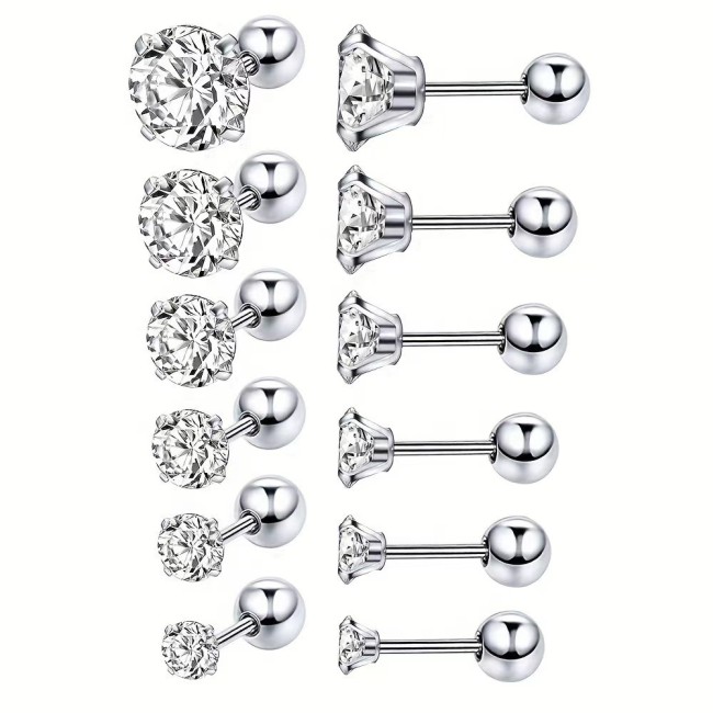 Hot-Selling Stainless Steel Zircon Earrings Four-Claw Integrated Earrings with Stone-Inlaid Twist Round Ball Earri...