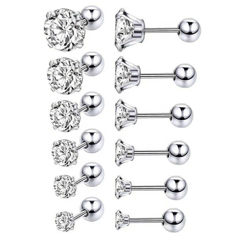 Cross-Border Hot-Selling Stainless Steel Zircon Earrings Four-Claw Integrated Earrings with Inlaid Diamonds Twist Round Ball Earrings Factory Direct Supply