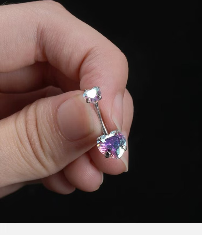 Cross-Border Hot-Selling New Four-Claw Zircon Navel Ring Body Piercing Navel Stud Stainless Steel Double-Headed Heart-Shaped Diamond-Studded Navel Stud