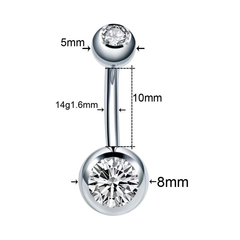Stainless Steel Rhinestone Navel Piercing Simple Curved Rod 14G Double Ball Navel Ring Amazon Cross-Border Factory In Stock