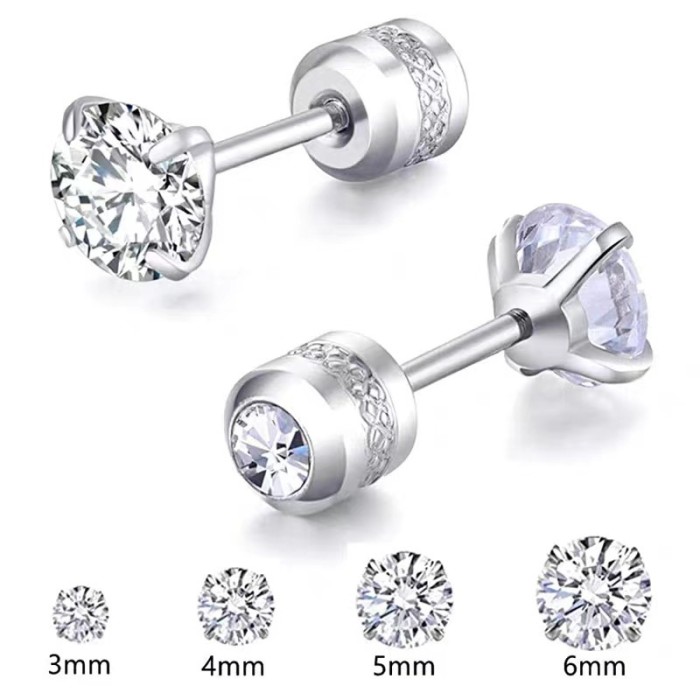 Hot Selling Simple Titanium Steel Double Stone Stud Earrings Ear Bone Stud Stainless Steel Four-Claw Zirconia Earri...