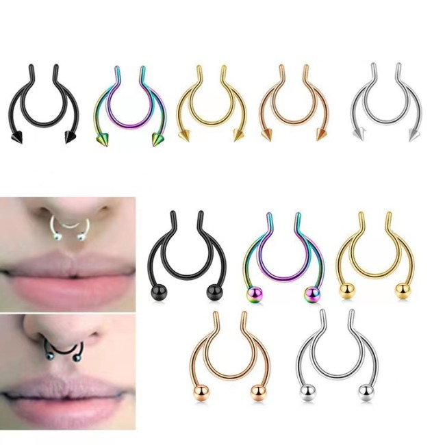 Pinkbankbaby European and American INS Stainless Steel U-Shaped Welding Ball Deer Antler Nose Septum Fake Nose Ring Nose Clip Piercing Jewelry