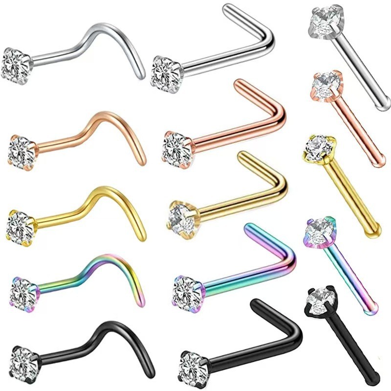 Cross-Border Hot-Selling Stainless Steel Inlaid Zircon Straight Rod L-Shaped Rod 5-Shaped Rod Nose Stud Body Piercing Jewelry Titanium Steel Nose Ring