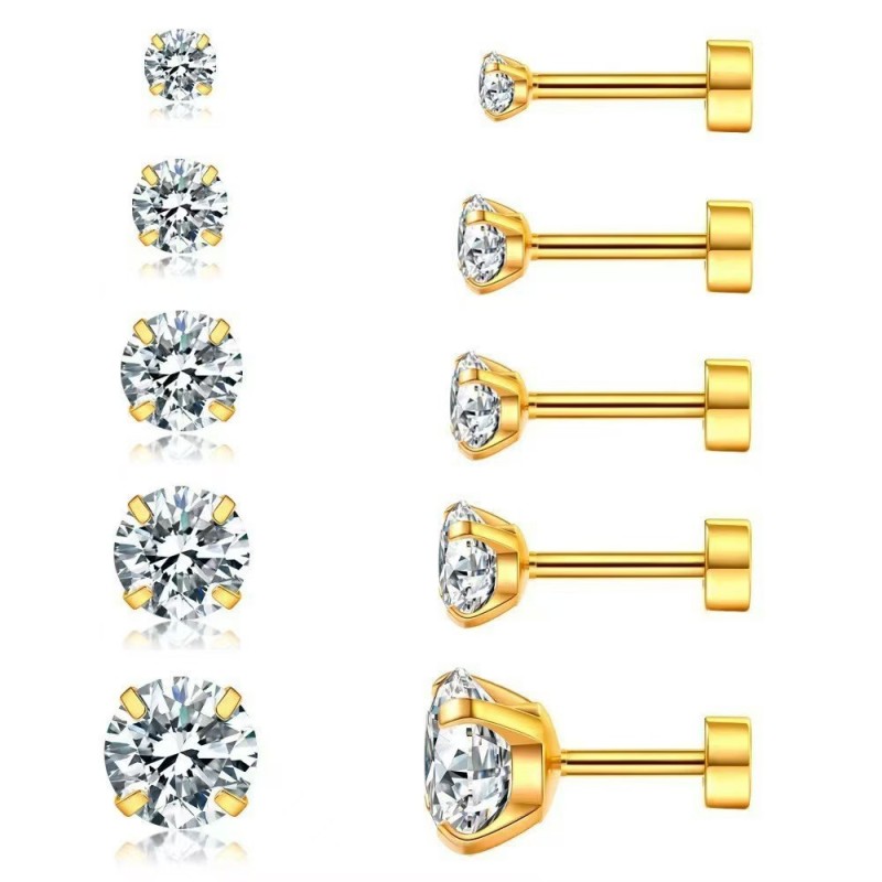 Cross-Border Hot Selling One-Piece Four-Claw Zircon Earrings External Screw Titanium Steel Body Piercing Jewelry Factory In-Stock Wholesale