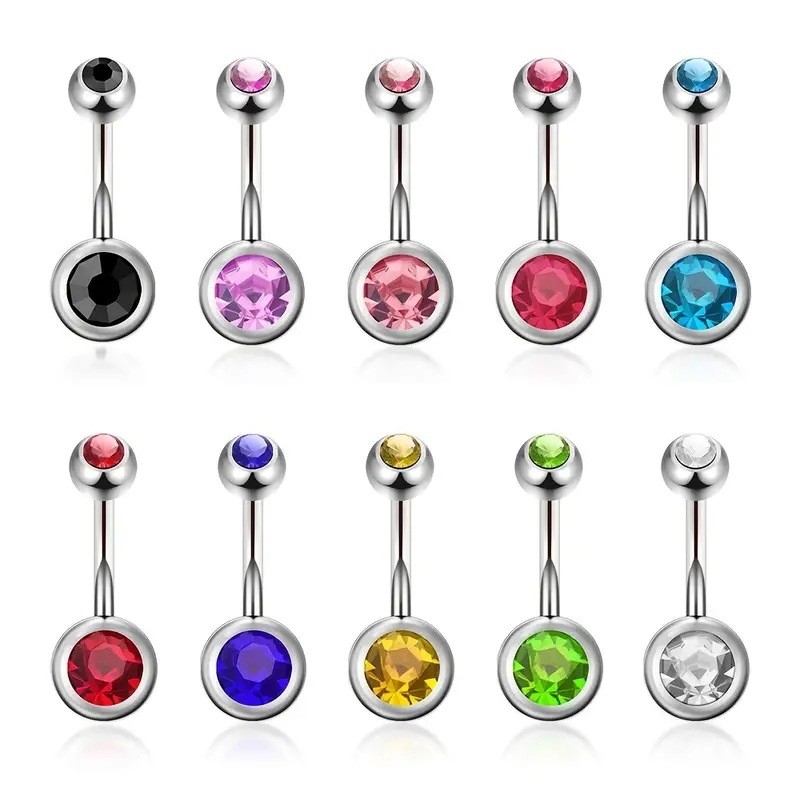 Stainless Steel Rhinestone Navel Piercing Simple Curved Rod 14G Double Ball Navel Ring Amazon Cross-Border Factory In Stock
