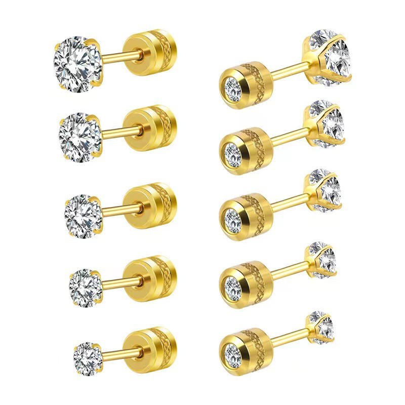 European and American Cross-Border Hot Sale Four-Claw Zircon Earrings Round Column Embossed Non-Slip Double Diamond Niche Ear Bone Studs Factory Direct Supply