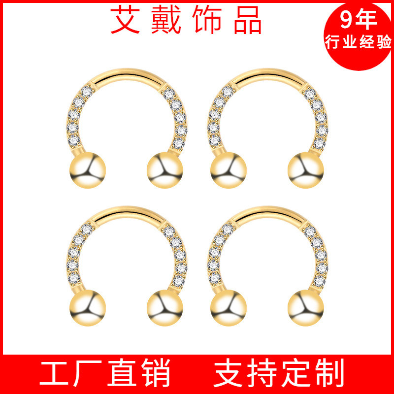 Cross-Border Supply Factory In-Stock Horseshoe Ring Titanium Steel Zircon Earrings Nose Ring Nose Septum Nose Stud Lip Stud Ear Cartilage Stud