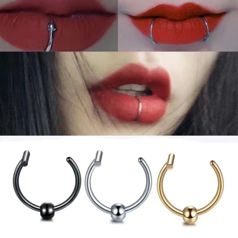 Amazon Hot-Selling No-Hole Fake Lip Ring Cross-Border European and American Trendy Cool Unisex Personality Titanium Steel Lip Clip Jewelry Factory Direct Sale
