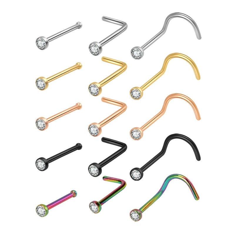 Cross-Border Hot-Selling Stainless Steel Inlaid Zircon Straight Rod L-Shaped Rod 5-Shaped Rod Nose Stud Body Piercing Jewelry Titanium Steel Nose Ring