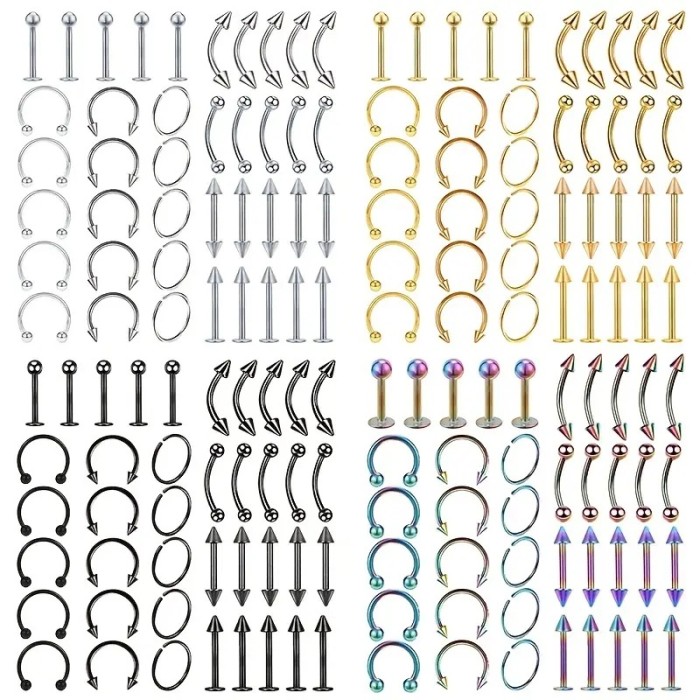 Hine TEMU Cross-Border E-commerce Hot-Selling Body Piercing Jewelry 85 Mixed Set Nose Studs Nose Rings Lip Rings Tongue Studs
