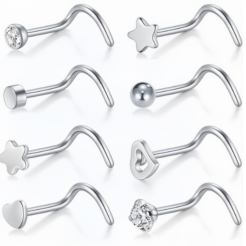 Stainless Steel Zircon Nose Stud S Rod Bent Rod Simple Fashion Heart Shape Star Shape Piercing Jewelry European and American Cross-Border Wholesale