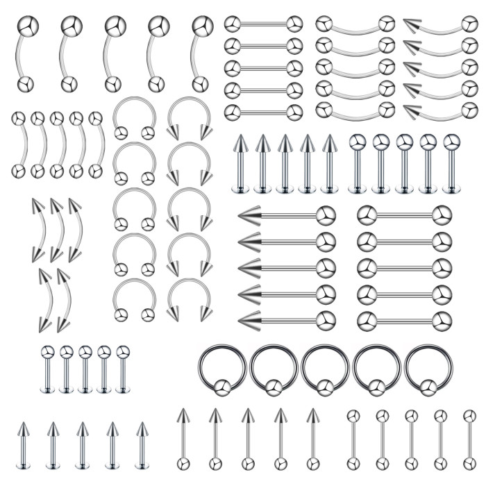 Cross-Border Hot-Selling Titanium Steel Lip Studs Stainless Steel Eyebrow Studs Nose Rings Nose Studs Tongue Studs Mixed (60/70/85 Set)