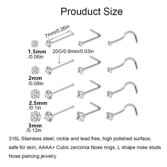 Customized European and American Cross-Border E-commerce Source Stainless Steel Piercing Jewelry Round Nose Studs 1.5mm-3mm Zircon Earrings