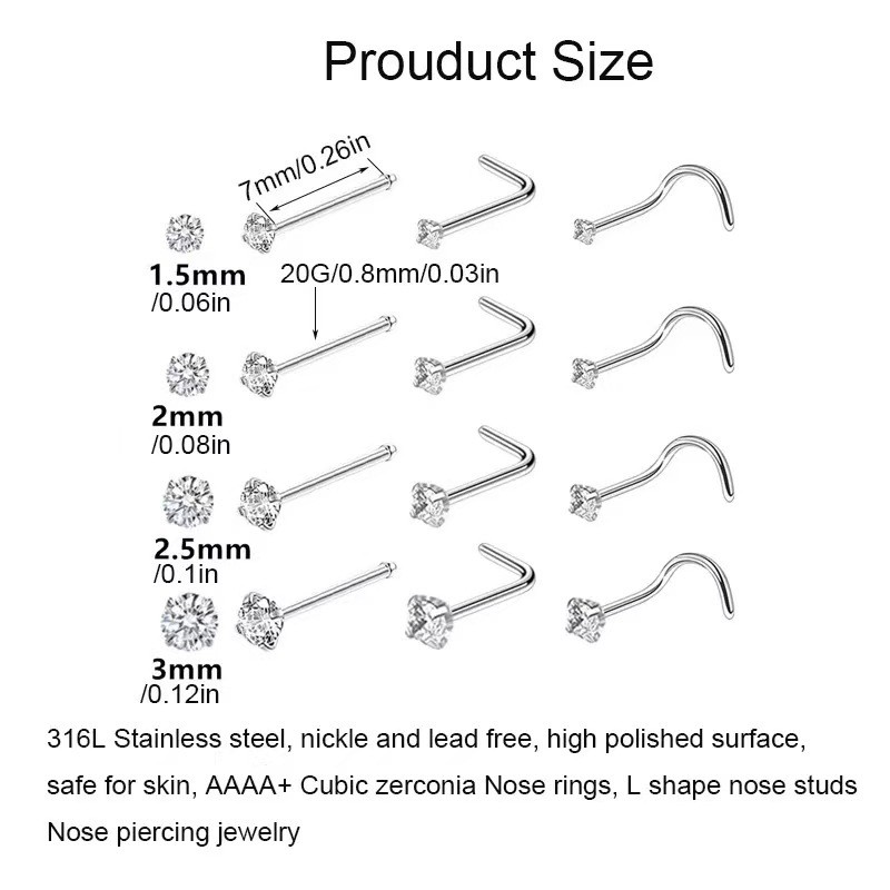 Customized European and American Cross-Border E-commerce Source Stainless Steel Piercing Jewelry Round Nose Studs 1.5mm-3mm Zircon Earrings