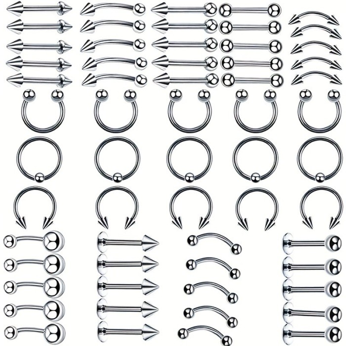 Cross-Border Hot-Selling Titanium Steel Lip Studs Stainless Steel Eyebrow Studs Nose Rings Nose Studs Tongue Studs Mixed (60/70/85 Set)