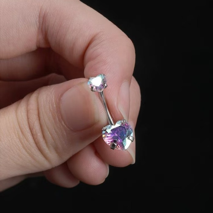 Cross-Border Hot-Selling New Four-Claw Zircon Navel Ring Body Piercing Navel Stud Stainless Steel Double-Headed Heart-Shaped Diamond-Studded Navel Stud