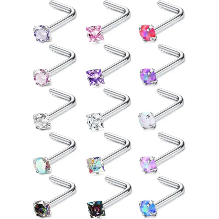 European and American Trend Hot Selling Stainless Steel Zircon Nose Stud L-Shaped 5-Shaped 1-Shaped Bent Rod Nose Ring Piercing Jewelry