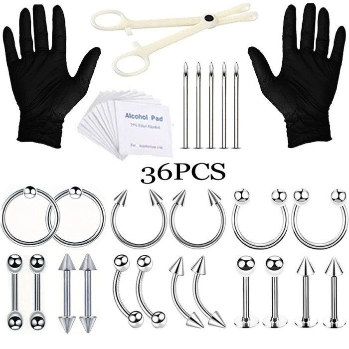 Cross-Border Hot-Selling Piercing Tool Set Lip Stud Navel Ring Horseshoe C-Shaped Nose Ring Barbell Tongue Stud Factory Wholesale