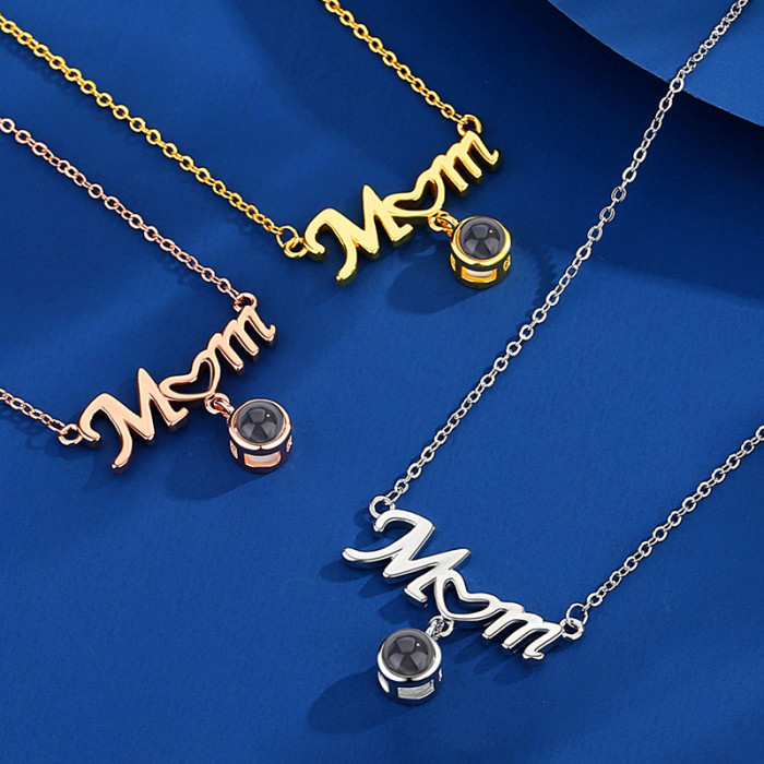 Cross-Border 100 Languages I Love You Heart Mom Projection Necklace for Women European and American Custom Color Picture Factory Direct Sale