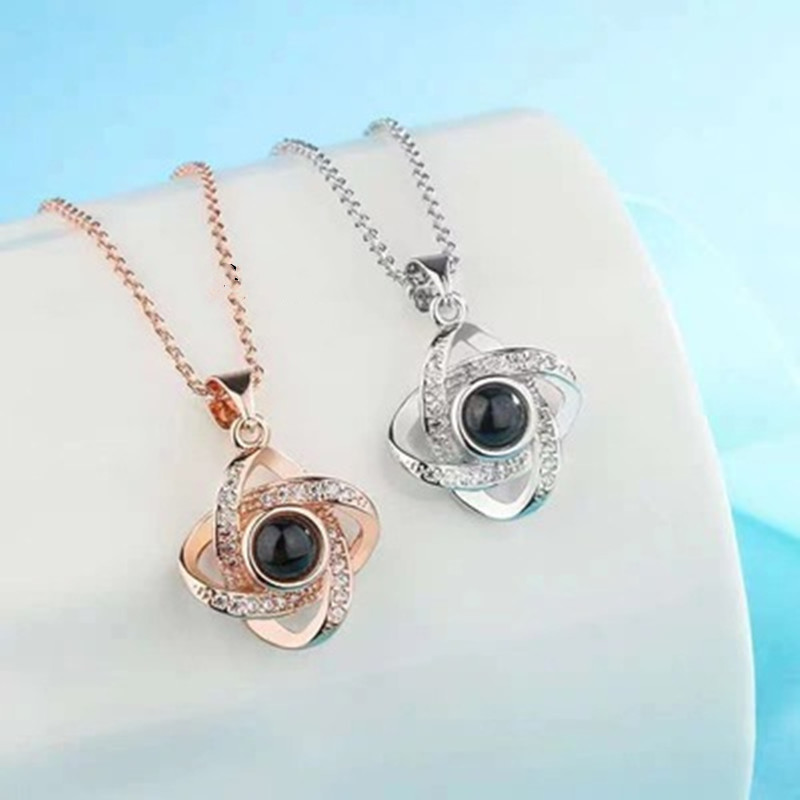Amazon New 100 Languages I Love You Four-Leaf Clover Projection Necklace Fashion Simple Double Loop Collarbone Chain